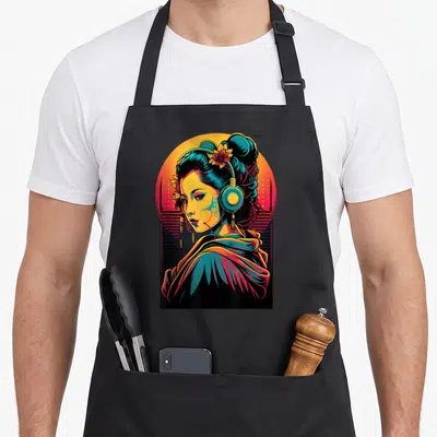 Tablier de cuisine noir avec illustration d'une Geisha Girl portant des écouteurs EDM sur fond dégradé vaporwave.