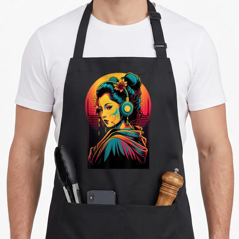 Tablier de cuisine noir avec illustration d'une Geisha Girl portant des écouteurs EDM sur fond dégradé vaporwave.