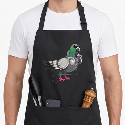 Tablier de cuisine noir avec colombe aux écouteurs musicaux et lunettes de soleil roses