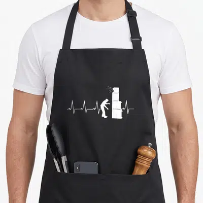 Tablier de cuisine noir avec silhouette blanche ajustant une colonne sonore sur un fond uni.
