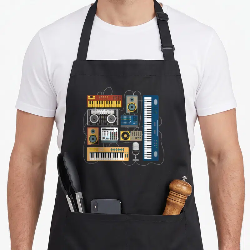 Tablier de cuisine noir avec illustration de mixeur DJ, claviers et enceintes audio colorés reliés par des câbles blancs.