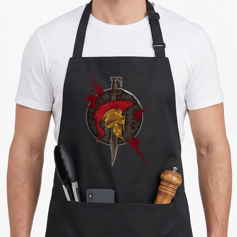 Tablier de cuisine noir avec emblème spartiate, casque doré, crête rouge et épée traversant un bouclier sombre.
