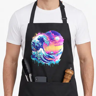 Tablier de cuisine noir avec une grande vague japonaise colorée style vaporwave et effet de peinture qui dégouline en bas.