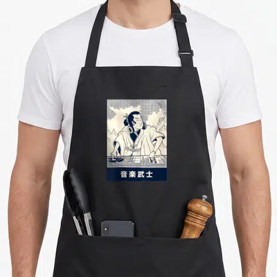 Tablier de cuisine noir avec illustration d'un samouraï DJ portant des écouteurs sur fond de montagnes.