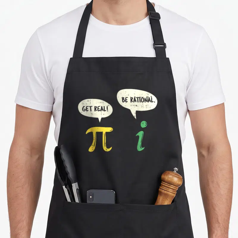 Tablier de cuisine noir avec les symboles Pi et i accompagnés des bulles de dialogue GET REAL et BE RATIONAL.