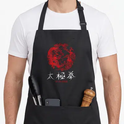 Tablier de cuisine noir avec un cercle rouge représentant un dragon et un phénix, surmontant des idéogrammes blancs et l'inscription TAI CHI CHUAN.