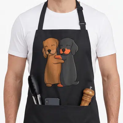 Tablier de cuisine noir avec deux teckels marron et noirs s'encourageant tendrement au centre du vêtement.
