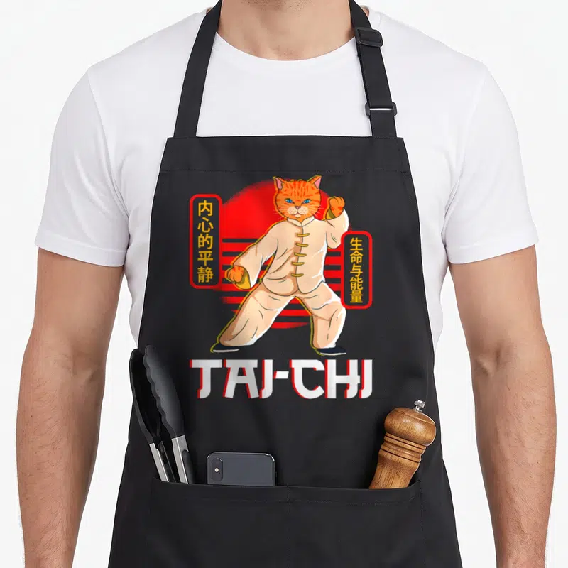 Tablier de cuisine noir avec un chat orange pratiquant le Tai Chi en tenue beige et texte blanc TAI-CHI.