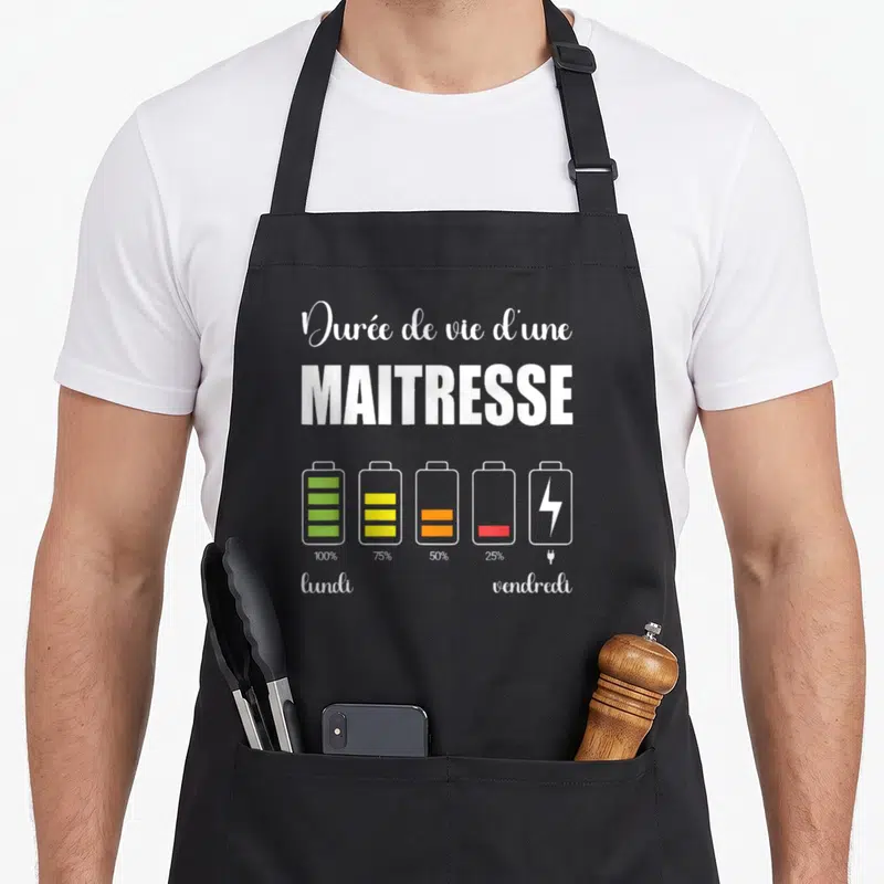 Tablier de cuisine noir avec texte blanc et batteries colorées illustrant l'énergie d'une maîtresse de lundi à vendredi.