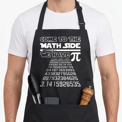 Tablier de cuisine noir avec inscription blanche Come To The Math Side We Have Pie et chiffres du pi.