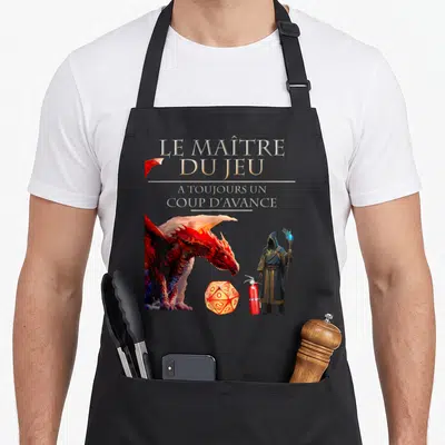 Tablier de cuisine noir avec un dragon rouge, un mage à capuchon, une dice 20 faces et un extincteur rouge.