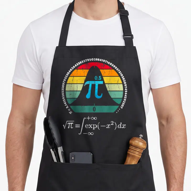 Tablier de cuisine noir avec une courbe de loi normale colorée, le symbole Pi et une formule mathématique en blanc.