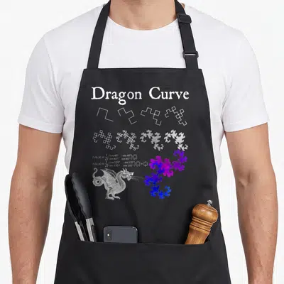 Tablier de cuisine noir avec une courbe du dragon fractale blanche et des formules mathématiques en bas à gauche.