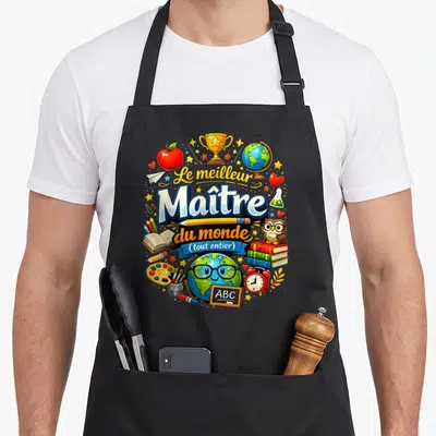 Tablier de cuisine noir avec illustration colorée d'un maître d'école, globe terrestre, trophée et matériel scolaire.