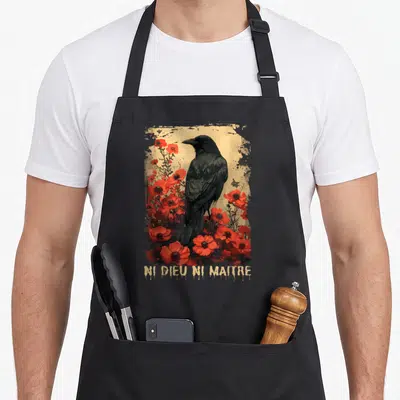 Tablier de cuisine noir avec corbeau noir entouré de fleurs rouges et texte NI DIEU NI MAITRE en bas