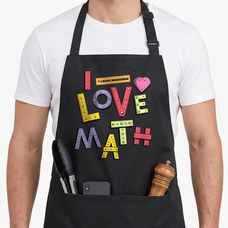 Tablier de cuisine noir avec I Love Math en lettres colorées, une règle jaune et un cœur rose orné de rivets.