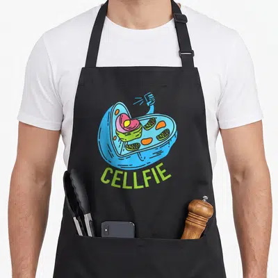 Tablier de cuisine noir avec illustration de cellule bleue tenant un téléphone et le mot CELLFIE en vert lime.