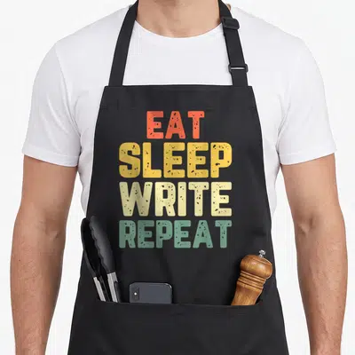 Tablier de cuisine noir avec texte Eat Sleep Write Repeat en lettres colorées style rétro usé.