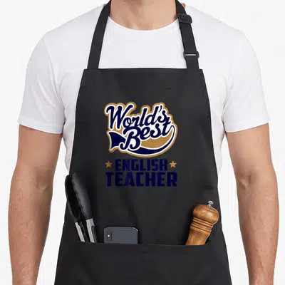 Tablier de cuisine noir avec logo World's Best English Teacher en bleu et or.