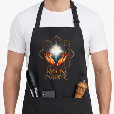 Tablier de cuisine noir avec deux mains orange émettant une lumière blanche et un motif géométrique doré ornant le texte Rei Ki Master.