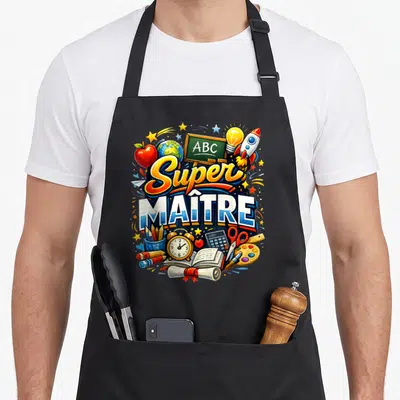 Tablier de cuisine noir avec illustration colorée Super Maître, pomme, globe et rocket spatial.