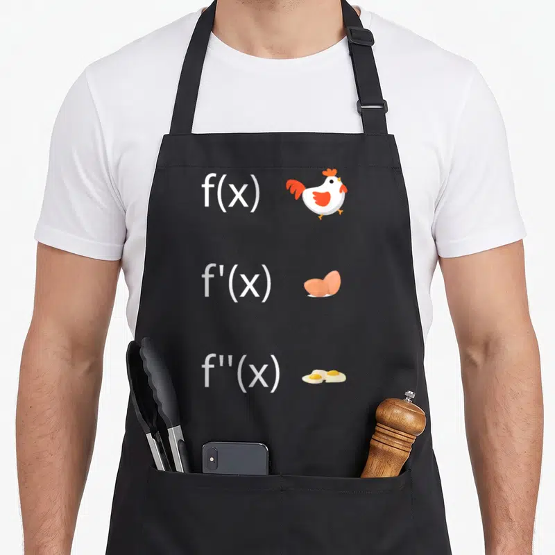 Tablier de cuisine noir avec f(x) poule f'(x) œufs f''(x) œufs au plat