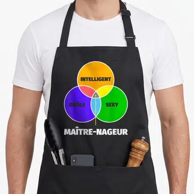 Tablier de cuisine noir avec un diagramme de Venn coloré et le texte Maître-nageur en bas.