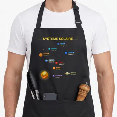 Tablier de cuisine noir avec une illustration colorée du Système Solaire montrant les planètes et leurs distances en kilomètres.