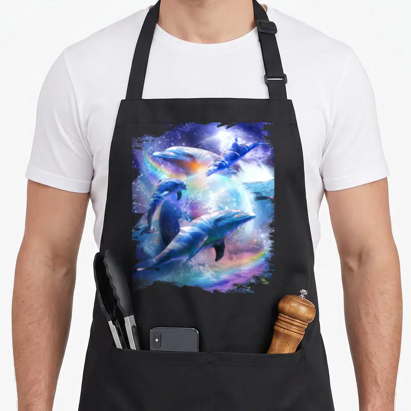 Tablier de cuisine noir avec des dauphins bleus nageant dans un univers spatial coloré et lumineux.
