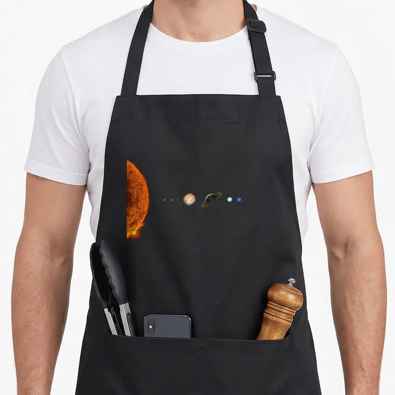 Tablier de cuisine noir avec illustration d'un soleil et de planètes dont Saturne aux lunettes noires alignées.