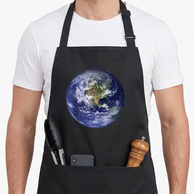 Tablier de cuisine noir avec une impression circulaire montrant la Terre vue de l'espace, centrée sur l'Amérique du Nord.
