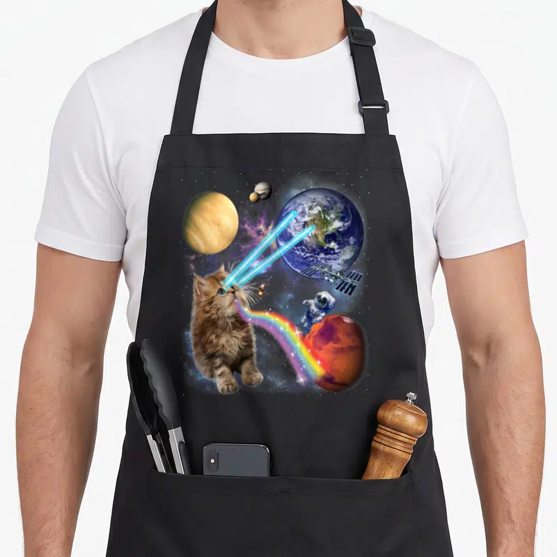 Tablier de cuisine noir avec illustration d'un chat aux yeux laser tirant un arc-en-ciel vers des planètes et un astronaute dans l'espace.