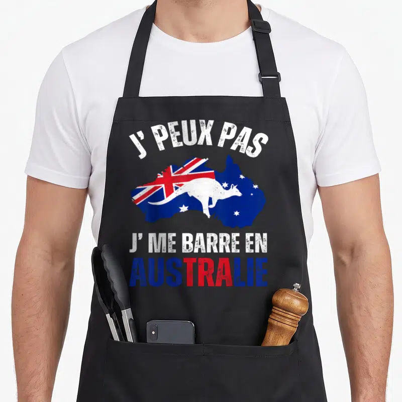 Tablier de cuisine noir avec une silhouette de kangourou superposée à la carte d'Australie et un drapeau australien.