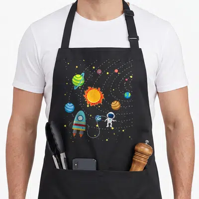 Tablier de cuisine noir avec illustration d'un astronaute, d'une fusée et des planètes colorées sur fond d'étoiles jaunes.