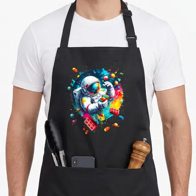 Tablier de cuisine noir avec un astronaute tenant des blocs de construction dans un univers spatial coloré.