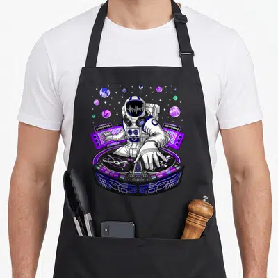 Tablier de cuisine noir avec un astronaute DJ manipulant un mixeur violet entouré de planètes et d'étoiles dans l'espace.
