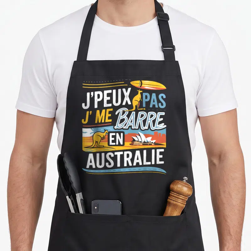 Tablier de cuisine noir avec inscription J'peux pas j'me barre en Australie et illustrations de kangourous et d'un opéra.