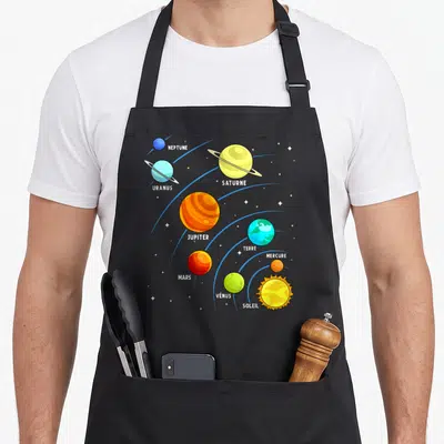 Tablier de cuisine noir avec illustration colorée du système solaire et des planètes nommées en français.