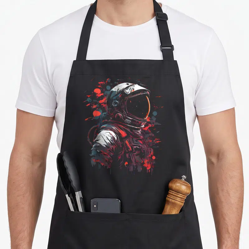Tablier de cuisine noir avec illustration d'astronaute aux éclats de peinture rouge et bleue sur fond gris.