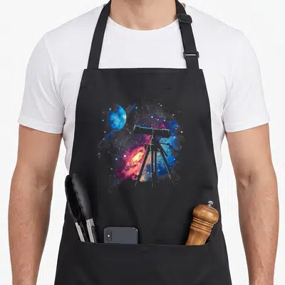 Tablier de cuisine noir avec illustration de télescope, planète bleue et nébuleuse spatiale colorée sur fond uni.