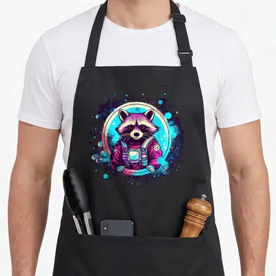 Tablier de cuisine noir avec un raton laveur en tenue d'astronaute au milieu d'une galaxie colorée.
