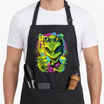 Tablier de cuisine noir avec alien vert aux lunettes de soleil tenant un cocktail tropical sur fond coloré.