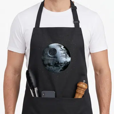 Tablier de cuisine noir avec une illustration détaillée d'une station spatiale sphérique au milieu d'un champ d'étoiles.