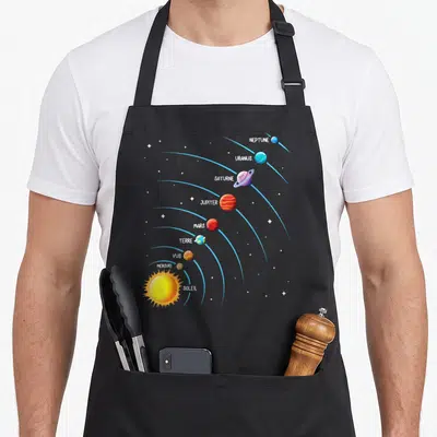 Tablier de cuisine noir avec illustration colorée du système solaire et des planètes étiquetées en français sur fond d'étoiles.