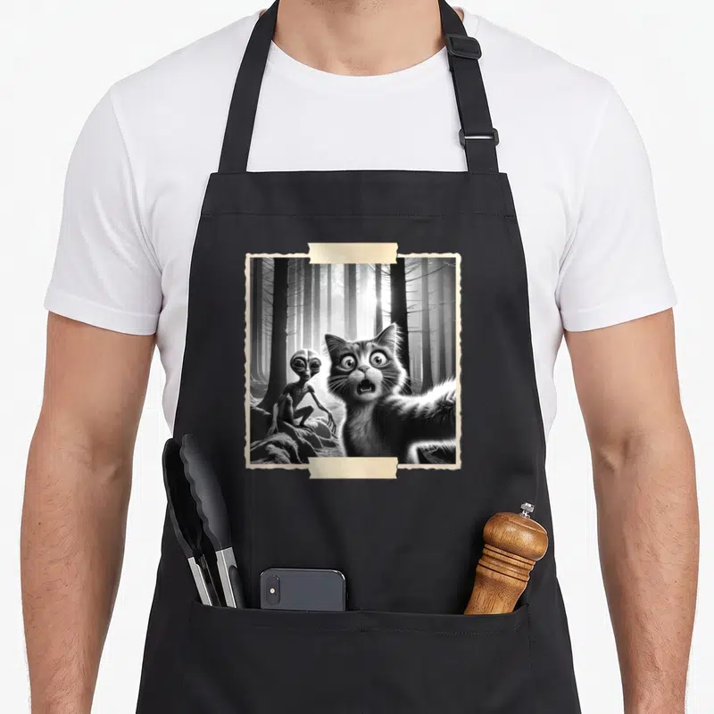 Tablier de cuisine noir avec illustration d'un chat et d'un extraterrestre prenant un selfie dans une forêt en noir et blanc.