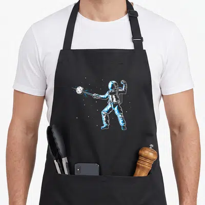 Tablier de cuisine noir avec illustration d'un astronaute en tenue de combat spatial brandissant une épée contre une lune craterisée.