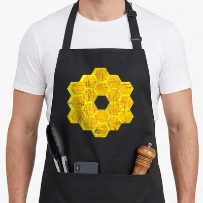 Tablier de cuisine noir avec motif hexagonal jaune texturé évoquant un miroir de télescope spatial.