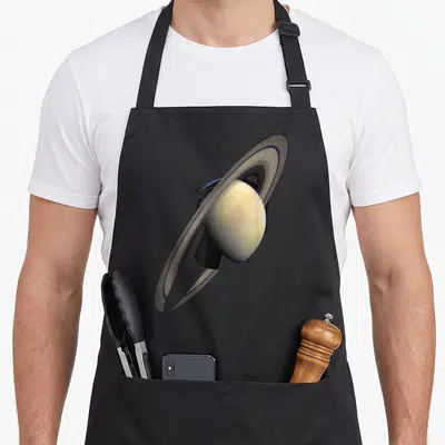 Tablier de cuisine noir avec une illustration réaliste de la planète Saturne et de ses anneaux caractéristiques sur le devant.