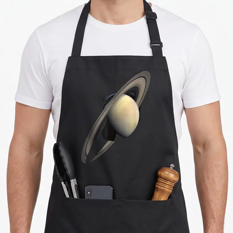 Tablier de cuisine noir avec une illustration réaliste de la planète Saturne et de ses anneaux caractéristiques sur le devant.