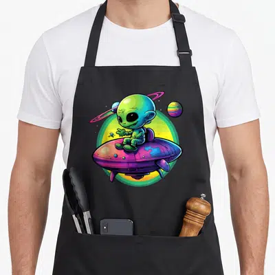 Tablier de cuisine noir avec un extraterrestre vert assis sur un vaisseau spatial violet et rose.